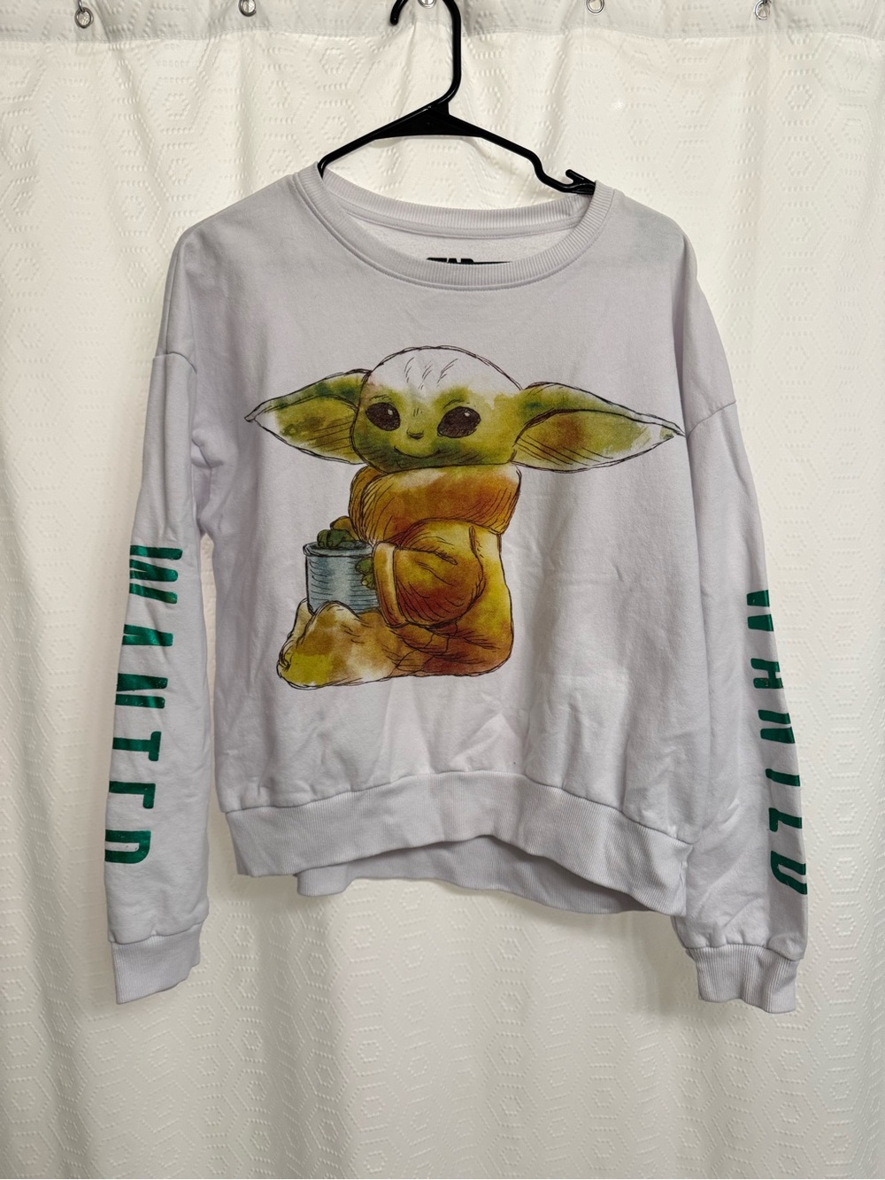 Star Wars White Crewneck Sweatshirt with Green and Tan Grogu Graphic
